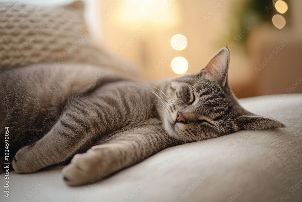 A content gray tabby cat sleeps peacefully on a soft, light-colored couch. The room is softly A content gray tabby cat sleeps peacefully on a soft, light-colored couch. The room is softly