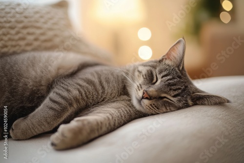 Wallpaper Mural A content gray tabby cat sleeps peacefully on a soft, light-colored couch. The room is softly Torontodigital.ca