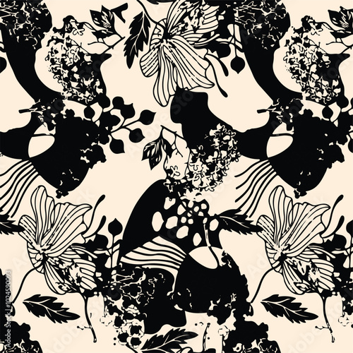 Big flowers pattern, upscale floral pattern. graphical textures floral, trendy colors pattern , flowers background with leaves. vector illustration,tropical,monochrome, abstract print