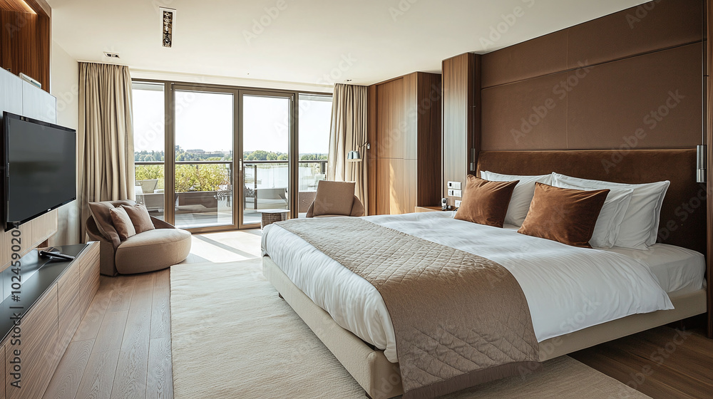 A luxury apartment room with a king bed, balcony, chairs, and a television.