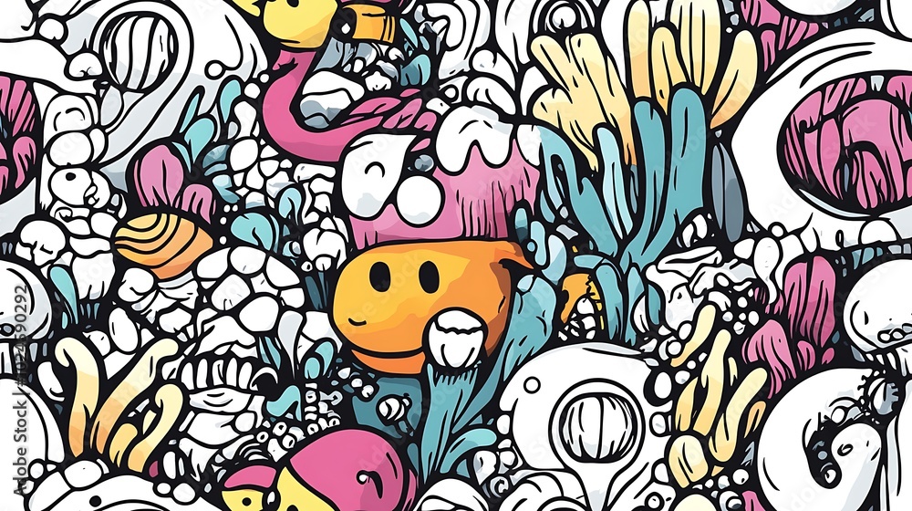 Fototapeta premium An intricate doodle pattern of an underwater world, featuring octopuses, clownfish, sea urchins, and kelp forests. Vibrant, overlapping elements with a balanced repetition,