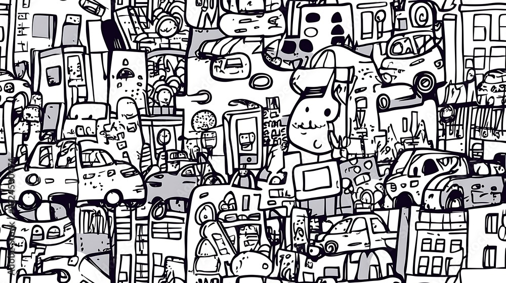 An urban chaos-themed seamless pattern, illustrating busy roads filled with vehicles, street signs, and people crossing the streets amidst towering buildings. An urban chaos-themed seamless pattern, illustrating busy roads filled with vehicles, street signs, and people crossing the streets amidst towering buildings.