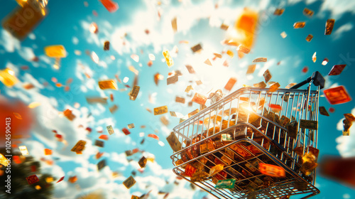 A shopping cart filled with colorful items appears to be floating under a vibrant blue sky