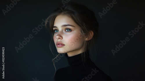 Striking Portrait of a Young Woman Dressed in Black Against a Dark Background Suitable for Fashion and Art Projects