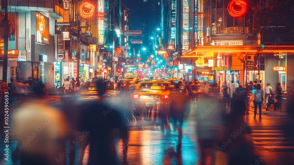 Obraz premium 54. A bustling urban street with neon lights