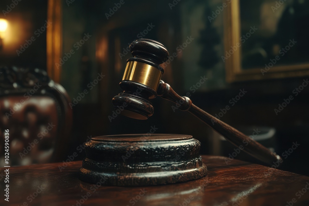 A dark wooden judge's gavel with a golden metallic band sits upright, resting on its round A dark wooden judge's gavel with a golden metallic band sits upright, resting on its round