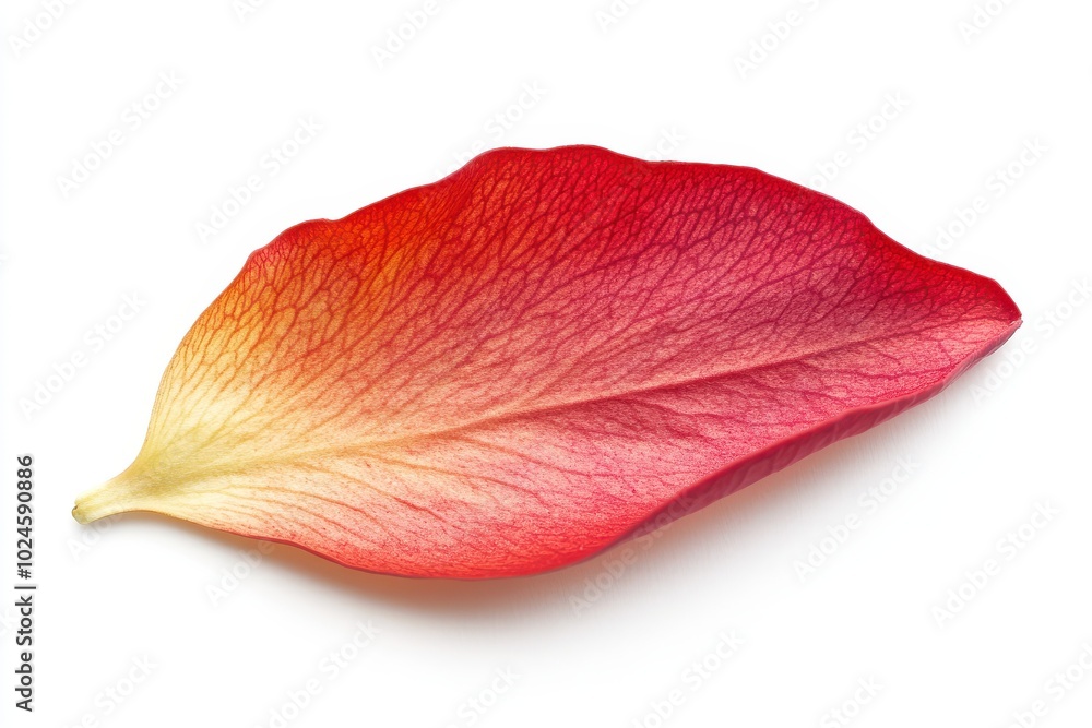 A delicate, bright red flower petal with a soft gradient of colors and thin veins running through A delicate, bright red flower petal with a soft gradient of colors and thin veins running through