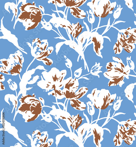 Big flowers pattern, upscale floral pattern. graphical textures floral, trendy colors pattern , flowers background with leaves. vector illustration,tropical,monochrome, abstract print