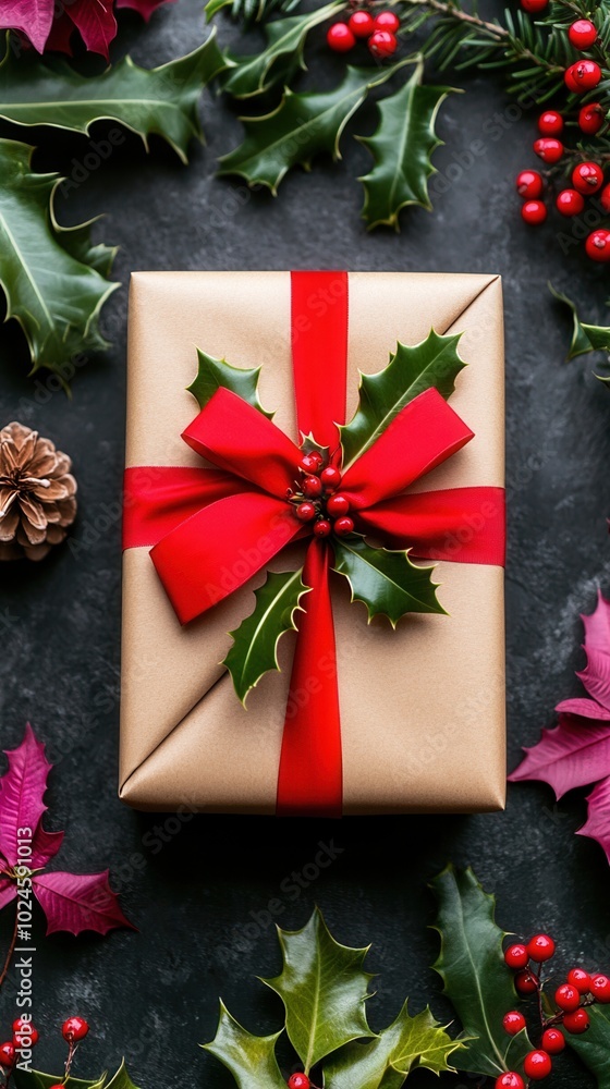Elegant Christmas gift wrapped in gold paper, adorned with red ribbon and holly, surrounded by festive greenery. Elegant Christmas gift wrapped in gold paper, adorned with red ribbon and holly, surrounded by festive greenery.