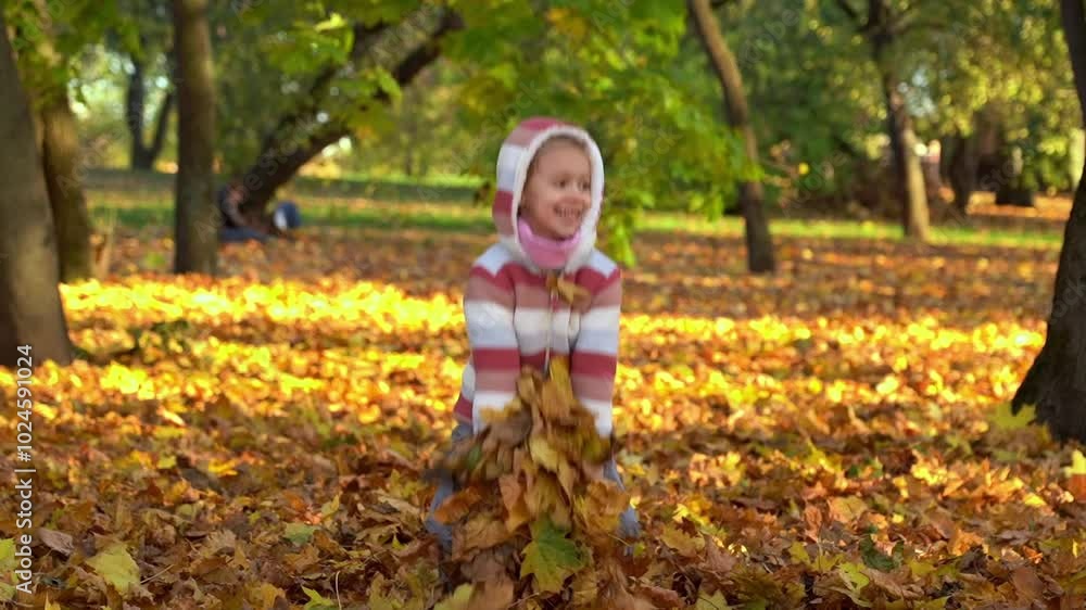 Happy child laughs and throws leaves in autumn park. Girl plays with leaves outdoors. Leisure active games in nature Happy child laughs and throws leaves in autumn park. Girl plays with leaves outdoors. Leisure active games in nature