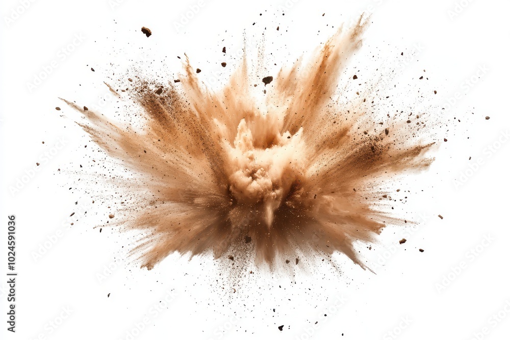 A dramatic and intense explosion of dirt and debris, captured mid-blast. The particles burst A dramatic and intense explosion of dirt and debris, captured mid-blast. The particles burst