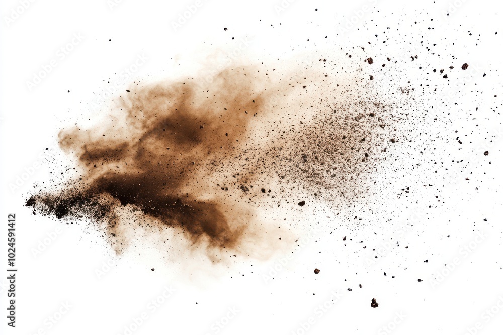A dynamic burst of fine brown dust spreads outward in multiple directions, capturing A dynamic burst of fine brown dust spreads outward in multiple directions, capturing