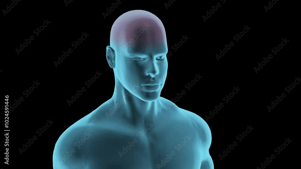 The human male's upper body hologram with the red pulsation of the upper headache indication. The human male's upper body hologram with the red pulsation of the upper headache indication.