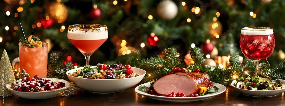 A festive Christmas dinner table with an array of traditional dishes A festive Christmas dinner table with an array of traditional dishes