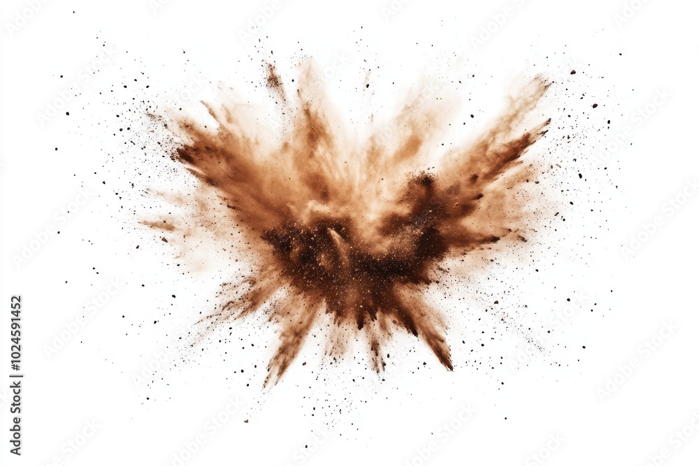 A dynamic burst of fine brown dust spreads outward in multiple directions, capturing A dynamic burst of fine brown dust spreads outward in multiple directions, capturing
