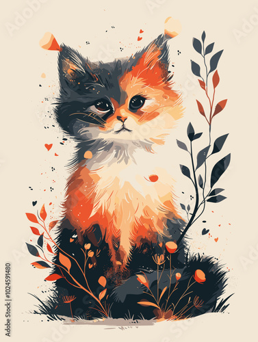 Vector illustration of a cute cat with flowers and leaves on a light background.