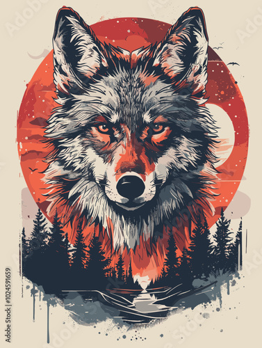 Vector illustration of a wolf in the forest. Can be used as a print on t-shirts and bags.