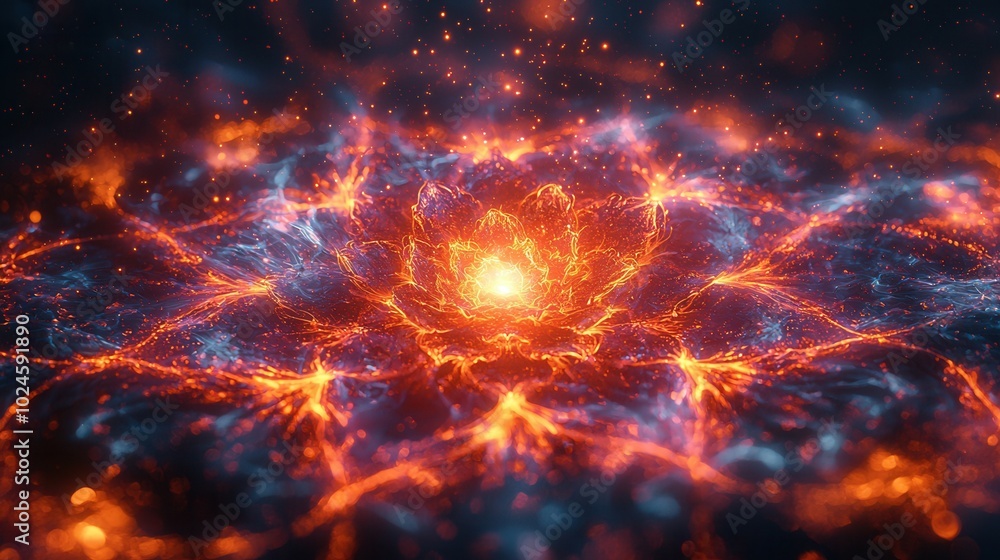 A vibrant and dynamic digital illustration depicting swirling colors of blue and orange, resembling an abstract flower with glowing textures. A vibrant and dynamic digital illustration depicting swirling colors of blue and orange, resembling an abstract flower with glowing textures.