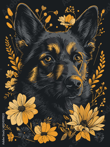 German shepherd with flowers. Hand drawn vector illustration for your design.