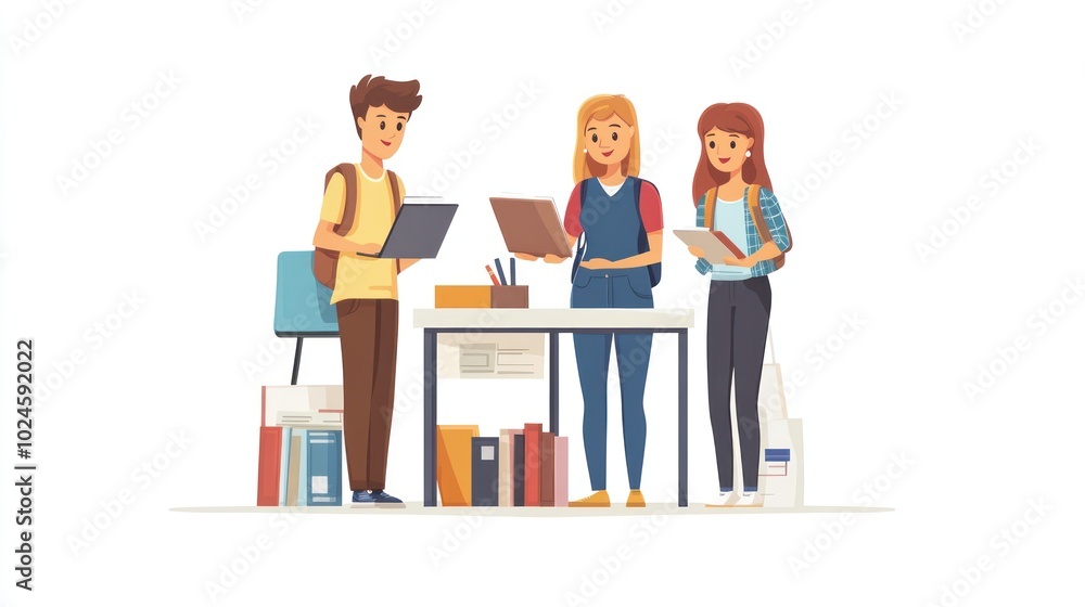 Students discussing in a Library Students discussing in a Library
