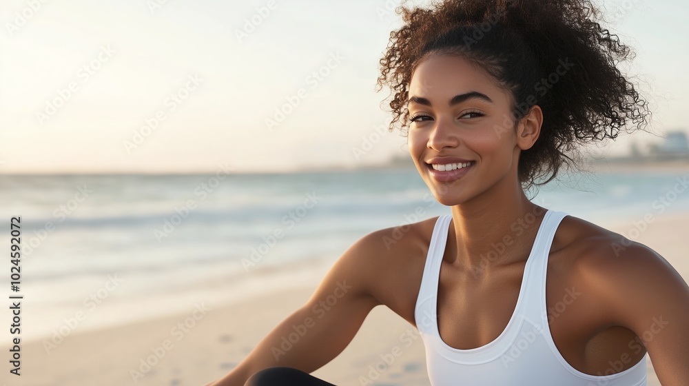 Smiling woman enjoying a peaceful morning on the beach with soft waves lapping at the shore under a clear sky Smiling woman enjoying a peaceful morning on the beach with soft waves lapping at the shore under a clear sky