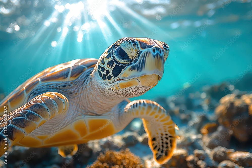 Obraz premium vibrant underwater coral reef playful sea turtle schools of tropical fish kaleidoscope of colors shimmering sunbeams piercing blue waters diverse marine ecosystem crystalclear visibility