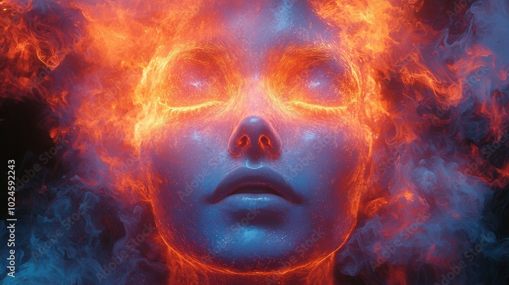 This portrait features an ethereal figure with fiery elements surrounding their face, symbolizing passion, energy, and transformation. This portrait features an ethereal figure with fiery elements surrounding their face, symbolizing passion, energy, and transformation.
