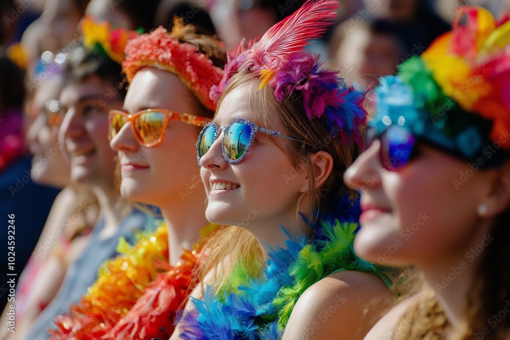 A group of smiling people wearing colorful feathers and sunglasses, enjoying a sunny day at a festival, radiating joy and celebration in a lively and vibrant atmosphere A group of smiling people wearing colorful feathers and sunglasses, enjoying a sunny day at a festival, radiating joy and celebration in a lively and vibrant atmosphere