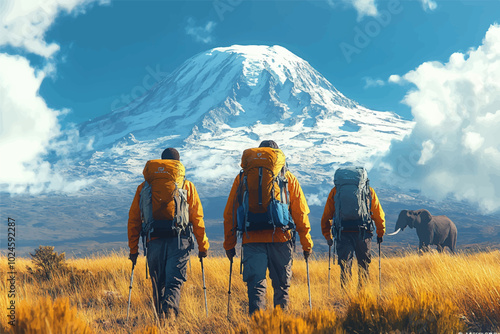 Three hikers walk through golden grasslands with towering Mount Kilimanjaro in the background, accompanied by a guide and an elephant, under a bright blue sky with scattered clouds