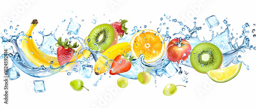 Fruit and ice cubes splashing in water, isolated on a white background. Vector illustration. Water splash with fruits: banana, orange, apple, kiwi, strawberry, grape, and melon