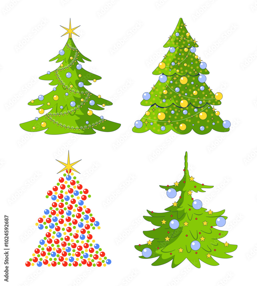 Fototapeta premium Baubles Christmas trees with stars sparkling 2D cartoon objects set. Pine evergreen coniferous. Christmastree isolated elements flat vector cliparts on white background. Spot illustrations collection