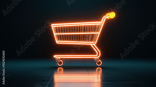 Illuminated shopping cart outline glowing with neon light on a dark reflective surface