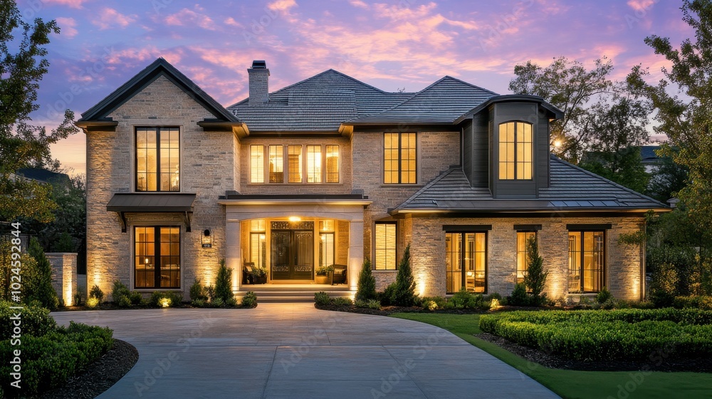 A grand, luxury home with a symmetrical design, featuring large windows, a covered porch A grand, luxury home with a symmetrical design, featuring large windows, a covered porch