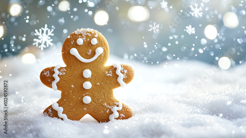 Gingerbread man and gingerbread house with icing in winter wonderland.Traditional Christmas decor.Fragrant homemade baking.Generative AI