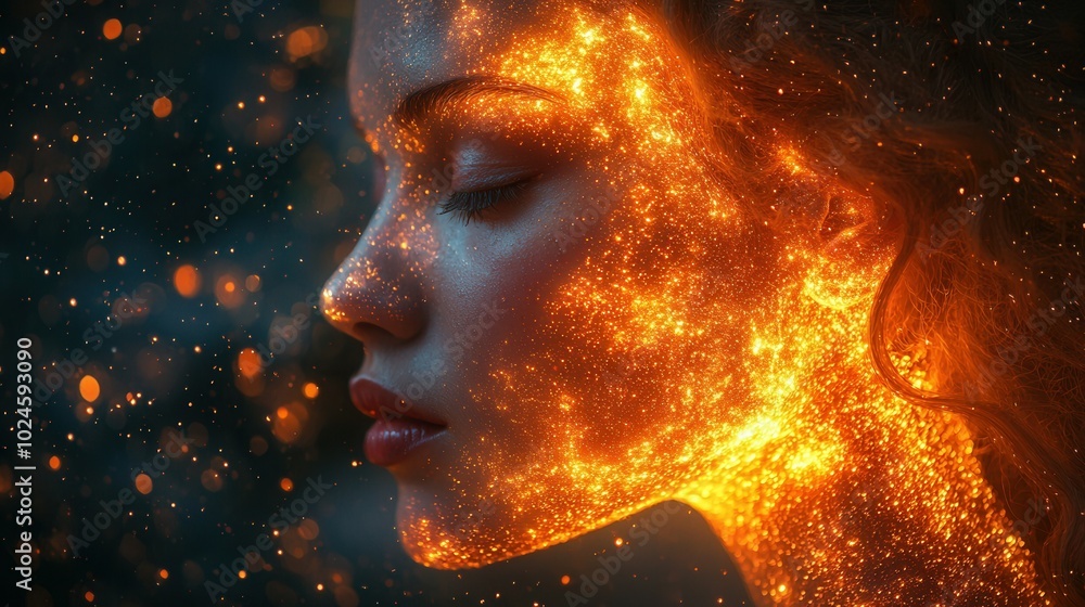 A close-up profile of a young woman with a radiant, sparkly facial texture, showcasing a blend of warm colors against a dark background, emphasizing creativity and beauty. A close-up profile of a young woman with a radiant, sparkly facial texture, showcasing a blend of warm colors against a dark background, emphasizing creativity and beauty.