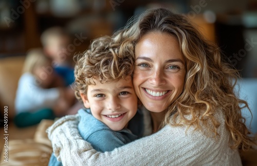 Happy mother and son sharing a warm hug at home