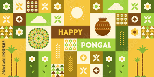 Happy Pongal pattern design with sugarcane, wheat, pongal pot, and other decorations.