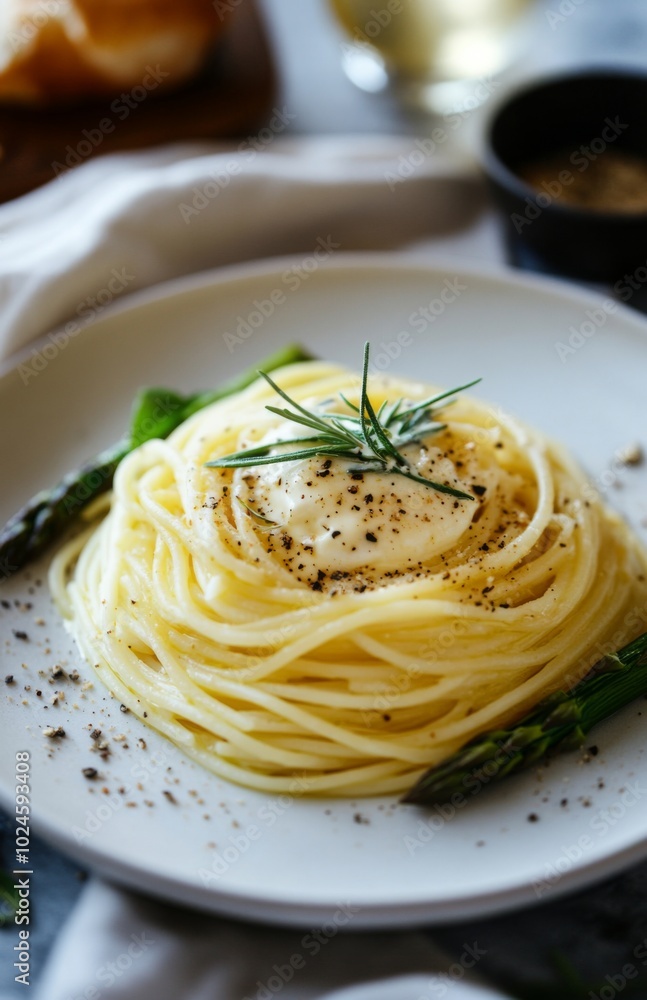Spaghetti with Asparagus and Cream on White Plate Closeup Spaghetti with Asparagus and Cream on White Plate Closeup