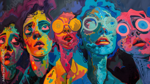 Wallpaper Mural vibrant and colorful painting of five young people, each with different facial expressions and hairstyles, wearing glasses Torontodigital.ca