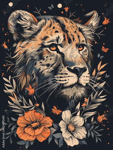 Hand drawn vector illustration of a tiger with flowers, leaves and butterflies.