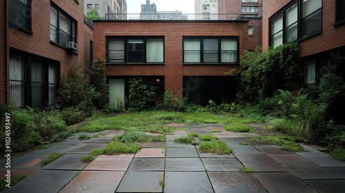 Urban courtyard with overgrown vegetation surrounded by brick buildings with large windows and air conditioning units visible on the exterior walls.