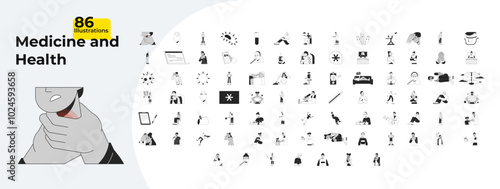 Medicine and health outline illustrations mega bundle. E doctor. SAD depression. Disorder mental. Flu vaccine. Illness symptoms 2D linear images isolated. Collection black and white vector drawings