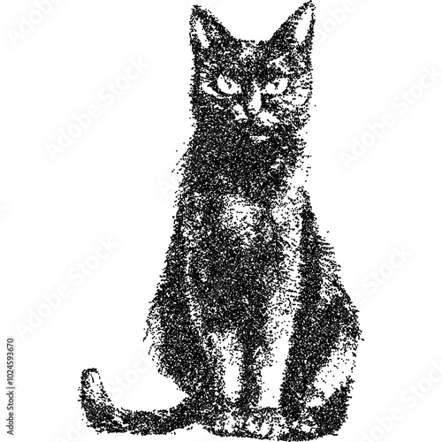 Creepy Halloween cat collage element with vintage stippling photocopy effect. Retro vector illustration for psychedelic surreal poster, with experimental grunge dotted texture