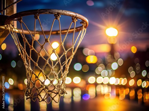 Closeup of an Old Basketball Ring and Basket in Long Exposure with Dramatic Lighting Effects