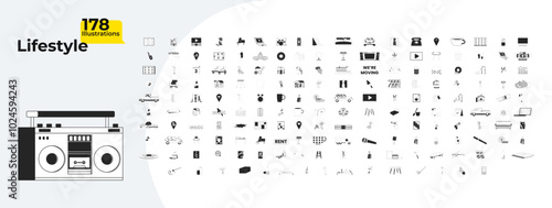Lifestyle objects outline illustrations mega bundle. Residential furnishings accessories. Vehicles cars. 90s retro-styled items 2D linear images isolated. Collection black and white vector drawings
