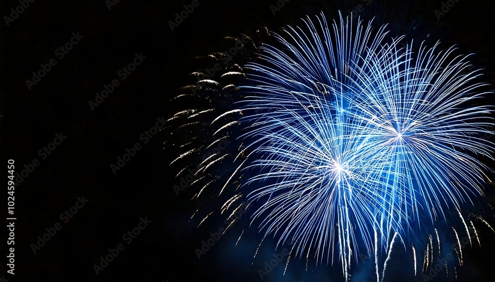 beautiful silver and blue fireworks on black background with copyspace for holiday use beautiful silver and blue fireworks on black background with copyspace for holiday use