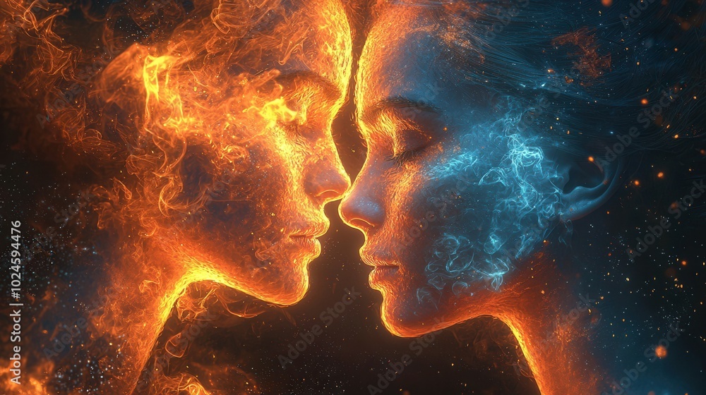 A stunning artistic representation of two faces in fiery and icy elements, symbolizing contrasting emotions. The artwork has an abstract and creative style. A stunning artistic representation of two faces in fiery and icy elements, symbolizing contrasting emotions. The artwork has an abstract and creative style.