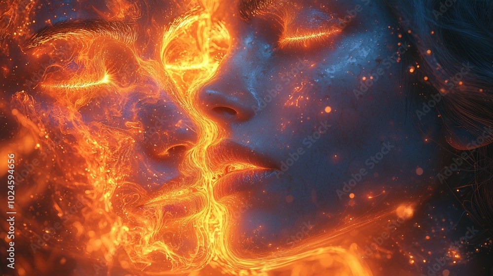 This image features two ethereal faces merging with fiery and vibrant textures, conveying emotion and connection, illuminated by soft, glowing light. This image features two ethereal faces merging with fiery and vibrant textures, conveying emotion and connection, illuminated by soft, glowing light.