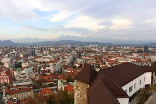 Aerial view of central Ljubljana, capital of  Slovenia, from Ljubljana Castle. Autumn in the picturesque city.