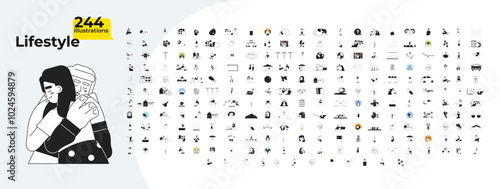 Cozy lifestyle outline illustrations mega bundle. Zodiac signs. Muslim hijab. Urban disasters. Elderly people. Diverse together 2D linear images isolated. Collection black and white vector drawings